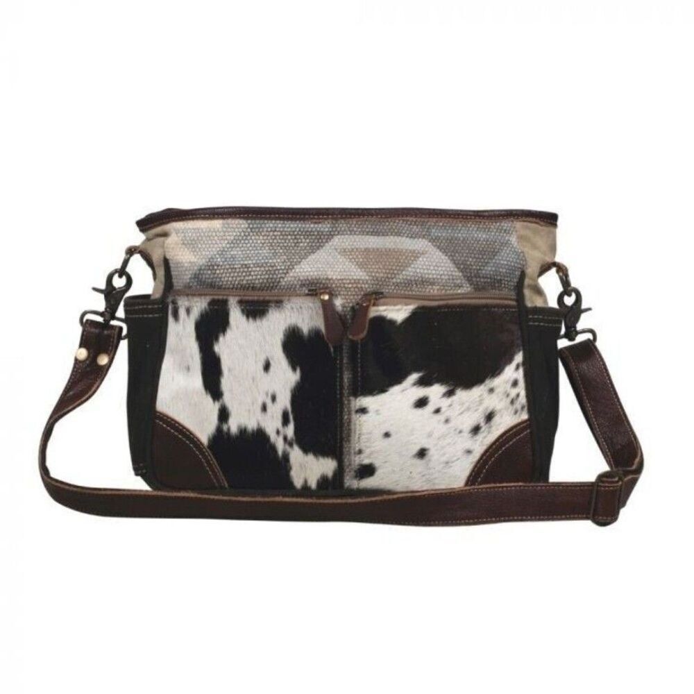 Myra Bag Handmade Bearish Messenger Bag Upcycled Canvas & Cowhide Leather - Picture 2 of 6